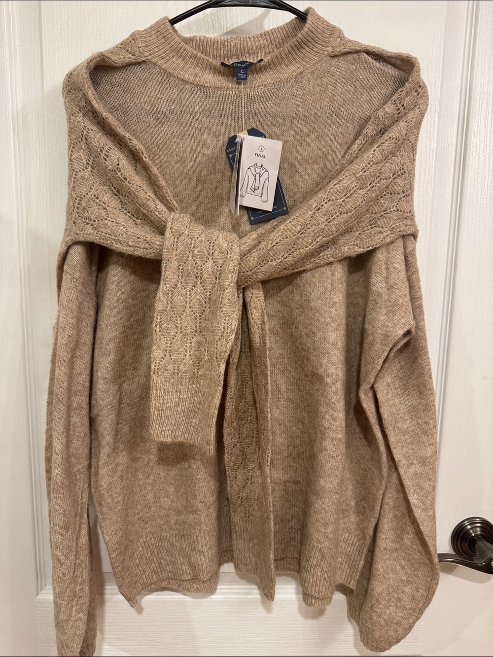 Democracy Taupe Crewneck Sweater with Cable-Accent Wrap